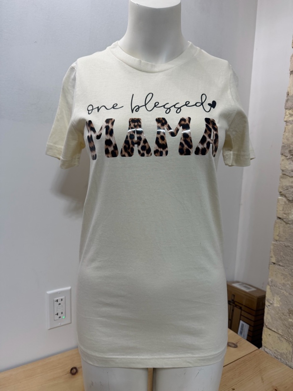 One Blessed Mama Leopard Print Graphic Tee - Cream